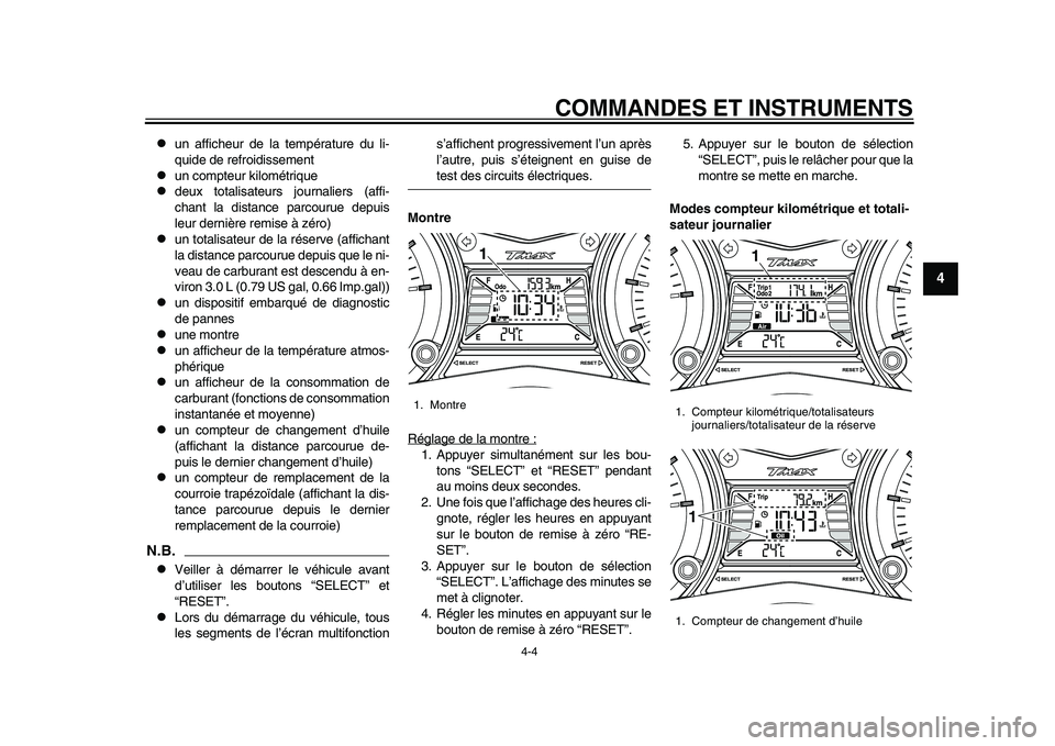 YAMAHA TMAX 2015  Notices Demploi (in French) COMMANDES ET INSTRUMENTS
4-4
1
2
345
6
7
8
9
10
11
12

u n  affiche ur de l a tempér atu re d u li-
quide de refroidi ssement

un compte ur kilométri que

deu x tot alisa teurs  jo urn alie