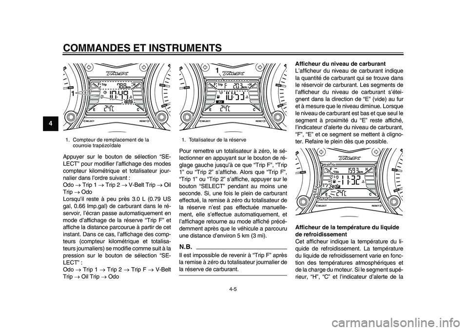 YAMAHA TMAX 2015  Notices Demploi (in French) COMMANDES ET INSTRUMENTS
4-5
1
2
34
5
6
7
8
9
10
11
12
App uyer  sur le  bouton de  sélection “ SE-
LECT” po ur modifier l ’affich age des  modes
compte ur kilométri que et tot alisa teur jo u