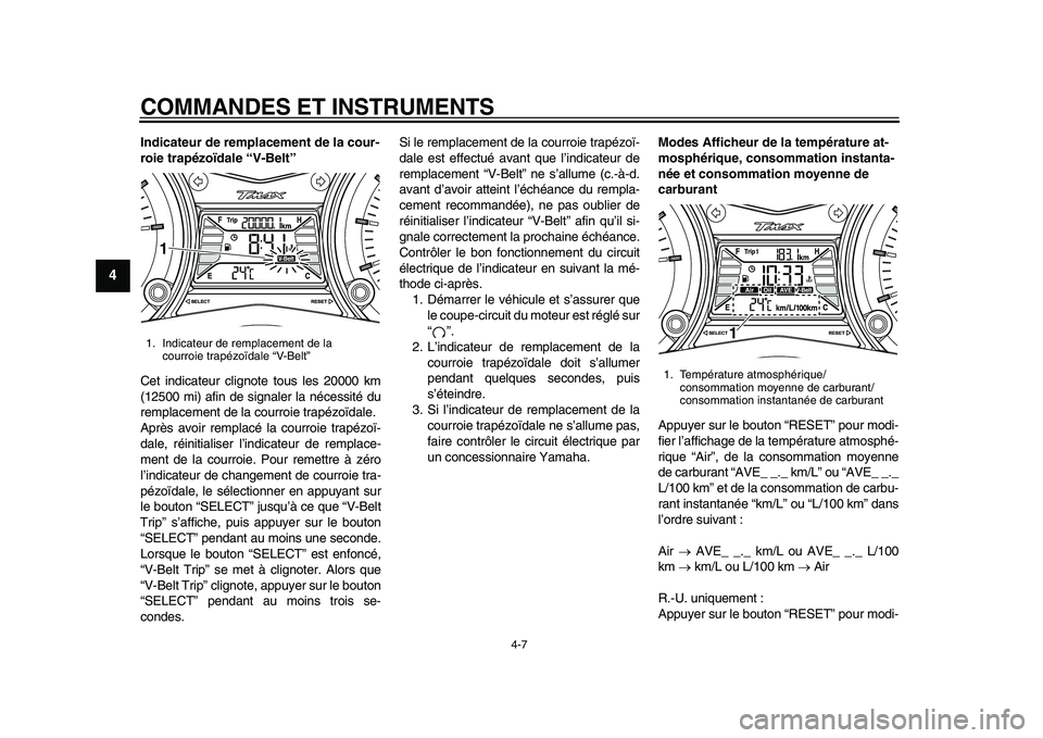 YAMAHA TMAX 2015  Notices Demploi (in French) COMMANDES ET INSTRUMENTS
4-7
1
2
34
5
6
7
8
9
10
11
12
Indicateur de remplacement de la cour-
roie trapézoïdale “V-Belt”
Cet indic ate ur clignote to us le s 20000 km
(12500 mi)  afin de  sign a