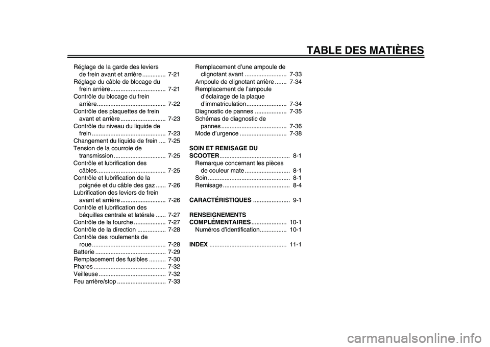 YAMAHA TMAX 2015  Notices Demploi (in French) TABLE DES MATIÈRES
Réglage de l a g arde de s leviers 
de frein  ava nt et  arrière ..............  7-21
Régl age du  câble de  bloc age d u 
frein  arrière.................................  7-2