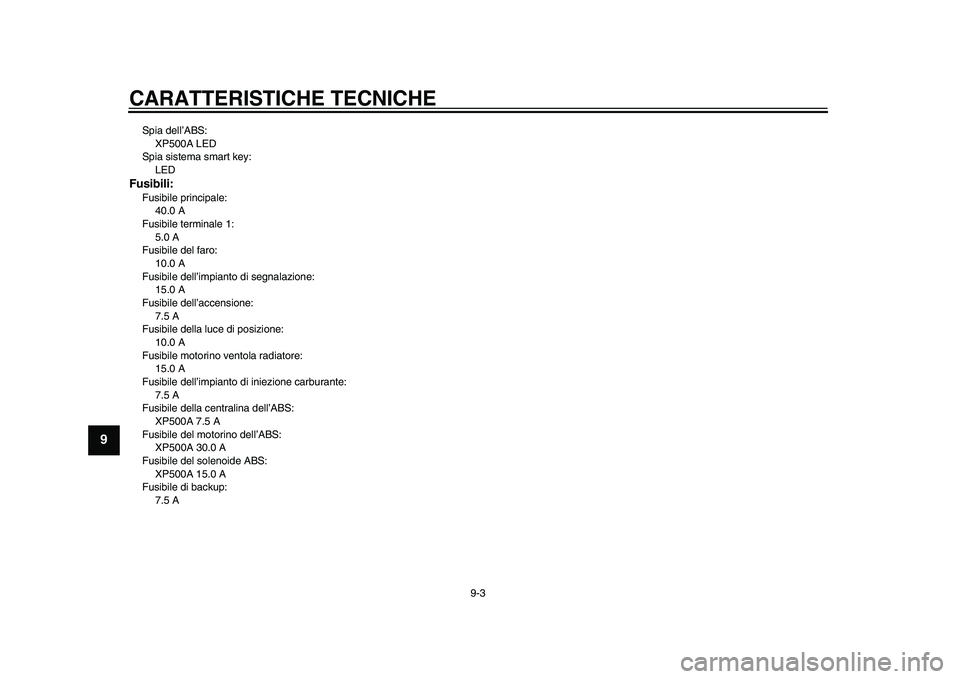 YAMAHA TMAX 2015  Manuale duso (in Italian) CARATTERISTICHE TECNICHE
9-3
1
2
3
4
5
6
7
89
10
11
12
S pi a dell’AB S:
XP500A LED
S pi a s is tem a s m art key:
LEDFusibili:F us ib ile princip ale:
40.0 A
F us ib ile termin ale 1:
5.0 A
F us ib