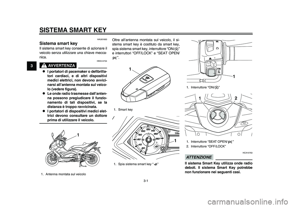 YAMAHA TMAX 2015  Manuale duso (in Italian) 3-1
1
23
4
5
6
7
8
9
10
11
12
SISTEMA SMART KEY
HAU61663
Sistema smart keyIl  sis tem a s m art key con sente di  azion are il
veicolo  senz a u tilizz are  una chi ave mecc a-
nic a.
AVVERTENZA
HWA14