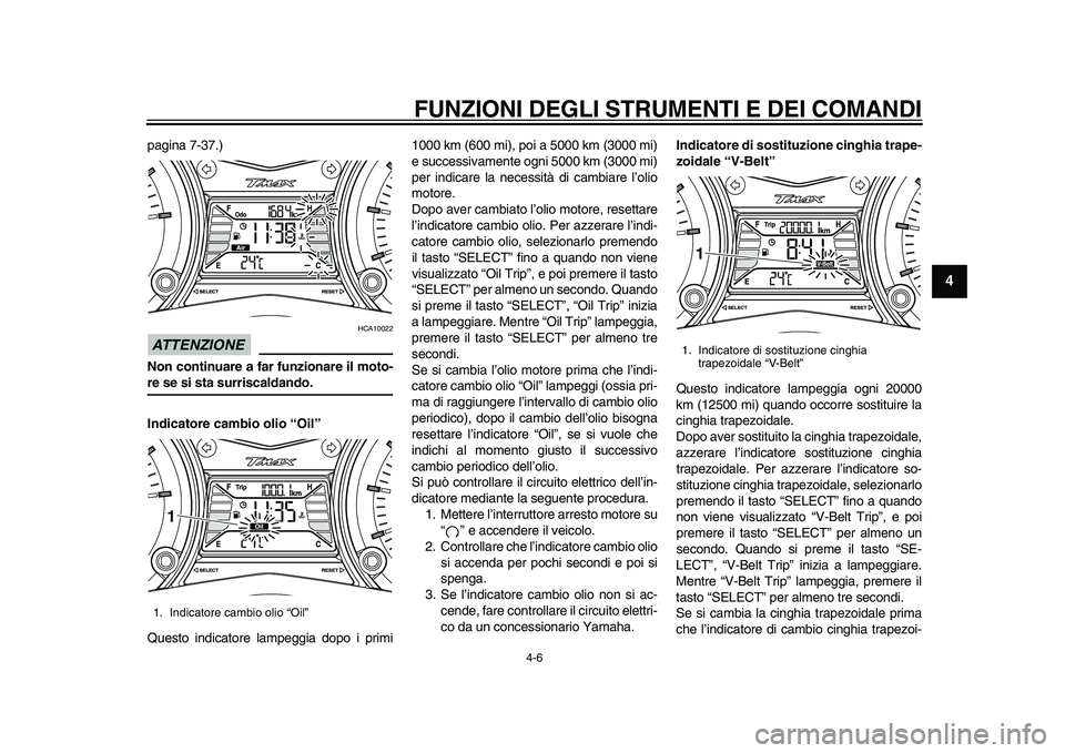 YAMAHA TMAX 2015  Manuale duso (in Italian) FUNZIONI DEGLI STRUMENTI E DEI COMANDI
4-6
1
2
345
6
7
8
9
10
11
12
p a gina 7-37.)ATTENZIONE
HCA10022
Non continuare a far funzionare il moto-re se si sta surriscaldando.
Indicatore cambio olio “Oi