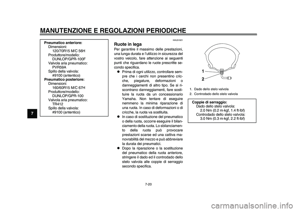 YAMAHA TMAX 2015 Manuale duso (in Italian) MANUTENZIONE E REGOLAZIONI PERIODICHE
7-20
1
2
3
4
5
67
8
9
10
11
12
HAU51 921
Ruote in legaPer g ara ntire il m assimo delle pres ta zioni,
u na lu nga dura ta e l’ utilizzo in sic urezz a del
v YAMAHA TMAX 2015 Manuale duso (in Italian) MANUTENZIONE E REGOLAZIONI PERIODICHE
7-20
1
2
3
4
5
67
8
9
10
11
12
HAU51 921
Ruote in legaPer g ara ntire il m assimo delle pres ta zioni,
u na lu nga dura ta e l’ utilizzo in sic urezz a del
v