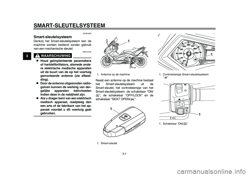 YAMAHA TMAX 2015  Instructieboekje (in Dutch) 3-1
1
23
4
5
6
7
8
9
10
11
12
S MART- SLEUTELS YSTEEM
DAU61663
S mart-sleutelsysteemD ankzij het  Sm art- sle utel sy steem k an de
m achine worden  bediend zonder ge bru ik
v a n een mech ani sche  s