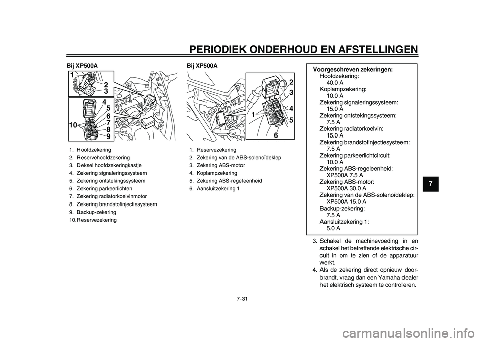 YAMAHA TMAX 2015  Instructieboekje (in Dutch) PERIODIEK ONDERHOUD EN AFSTELLINGEN
7- 31
1
2
3
4
5
678
9
10
11
12
Bij XP500A Bij XP500A
3. S ch akel de m achinevoeding in en
s ch akel het  betreffende elektri sche cir-
c u it in om te zien of de  