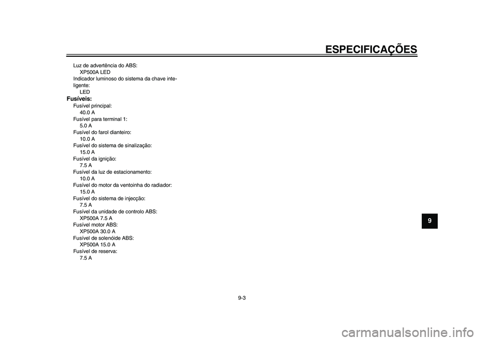 YAMAHA TMAX 2015 Manual de utilização (in Portuguese) ESPECIFICAÇÕES
9-3
1
2
3
4
5
6
7
8910
11
12
Luz de a dvertênci a do AB S:
XP500A LED
Indic ador l umino so do sis tem a da chave inte-
ligente: LEDFusíveis:Fus ível principa l:
40.0 A
F us íve YAMAHA TMAX 2015 Manual de utilização (in Portuguese) ESPECIFICAÇÕES
9-3
1
2
3
4
5
6
7
8910
11
12
Luz de a dvertênci a do AB S:
XP500A LED
Indic ador l umino so do sis tem a da chave inte-
ligente: LEDFusíveis:Fus ível principa l:
40.0 A
F us íve