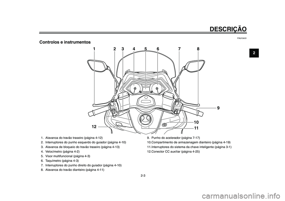 YAMAHA TMAX 2015  Manual de utilização (in Portuguese) DESCRIÇÃO
2-3
123
4
5
6
7
8
9
10
11
12
PAU104 31
Controlos e instrumentos
4
2
3
6
7
8
1
11 9
5
10
12
1. Al
avanc a do tr avão tr aseiro (págin a 4-12)
2. Interr uptores do punho esqu erdo do guiad