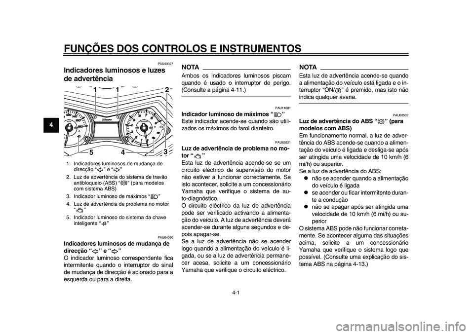 YAMAHA TMAX 2015 Manual de utilização (in Portuguese) 4-1
1
2
34
5
6
7
8
9
10
11
12
FUNÇÕES DOS CONTROLOS E INSTRUMENTOS
PAU4 9397
Indicadores luminosos e luzes
de advertência
PAU640 80
Indicadores luminosos de mudança de
direcção “ ” e “ YAMAHA TMAX 2015 Manual de utilização (in Portuguese) 4-1
1
2
34
5
6
7
8
9
10
11
12
FUNÇÕES DOS CONTROLOS E INSTRUMENTOS
PAU4 9397
Indicadores luminosos e luzes
de advertência
PAU640 80
Indicadores luminosos de mudança de
direcção “ ” e “