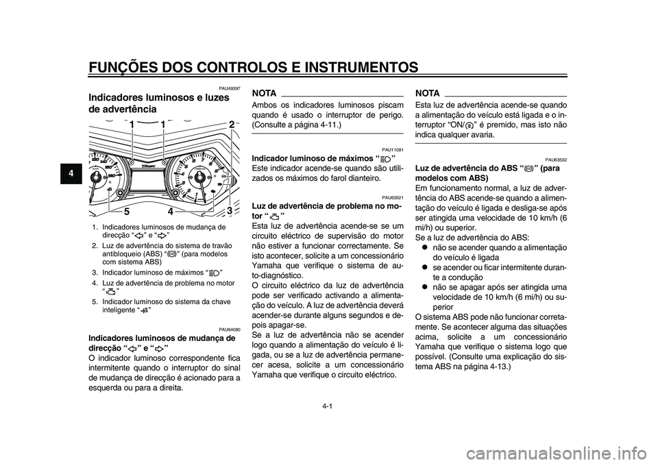 YAMAHA TMAX 2015  Manual de utilização (in Portuguese) 4-1
1
2
34
5
6
7
8
9
10
11
12
FUNÇÕES DOS CONTROLOS E INSTRUMENTOS
PAU4 9397
Indicadores luminosos e luzes 
de advertência
PAU640 80
Indicadores luminosos de mudança de 
direcção “ ” e “ �