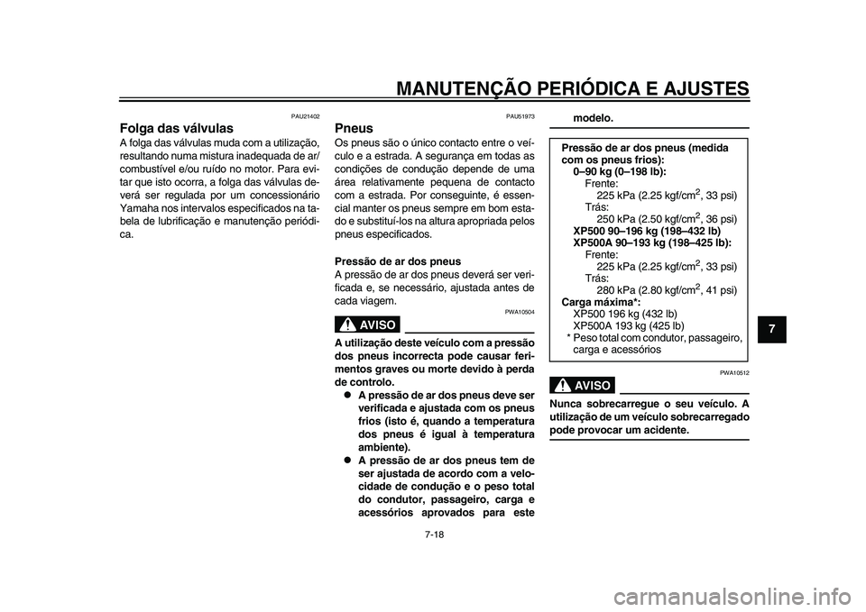 YAMAHA TMAX 2015 Manual de utilização (in Portuguese) MANUTENÇÃO PERIÓDICA E AJUSTES
7-18
1
2
3
4
5
678
9
10
11
12
PAU21402
Folga das válvulasA folg a d as válv ulas m ud a com a u tiliz ação,
re su lta ndo n um a mi stu ra in adequa da de ar YAMAHA TMAX 2015 Manual de utilização (in Portuguese) MANUTENÇÃO PERIÓDICA E AJUSTES
7-18
1
2
3
4
5
678
9
10
11
12
PAU21402
Folga das válvulasA folg a d as válv ulas m ud a com a u tiliz ação,
re su lta ndo n um a mi stu ra in adequa da de ar