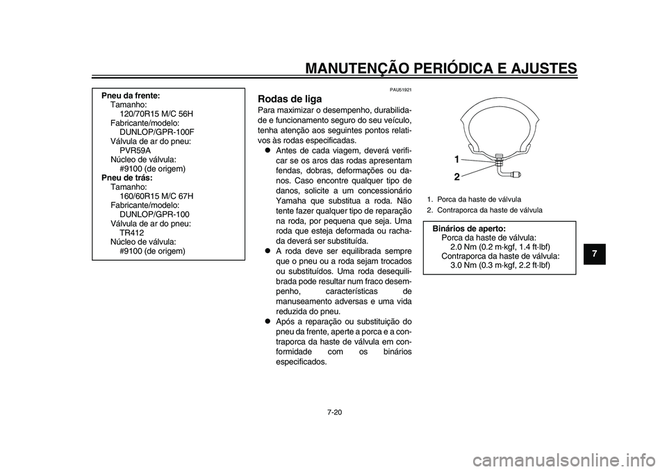 YAMAHA TMAX 2015 Manual de utilização (in Portuguese) MANUTENÇÃO PERIÓDICA E AJUSTES
7-20
1
2
3
4
5
678
9
10
11
12
PAU51 921
Rodas de ligaP ara m aximiza r o desempenho, du rabilid a-
de e f uncion amento segu ro do se u veíc ulo,
tenha a tençã YAMAHA TMAX 2015 Manual de utilização (in Portuguese) MANUTENÇÃO PERIÓDICA E AJUSTES
7-20
1
2
3
4
5
678
9
10
11
12
PAU51 921
Rodas de ligaP ara m aximiza r o desempenho, du rabilid a-
de e f uncion amento segu ro do se u veíc ulo,
tenha a tençã