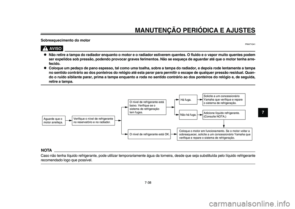 YAMAHA TMAX 2015 Manual de utilização (in Portuguese) MANUTENÇÃO PERIÓDICA E AJUSTES
7-38
1
2
3
4
5
678
9
10
11
12
Sobreaquecimento do motor
AVISO
PWAT1041
Não retire a tampa do radiador enquanto o motor e o radia dor estiverem quentes. O fluido YAMAHA TMAX 2015 Manual de utilização (in Portuguese) MANUTENÇÃO PERIÓDICA E AJUSTES
7-38
1
2
3
4
5
678
9
10
11
12
Sobreaquecimento do motor
AVISO
PWAT1041
Não retire a tampa do radiador enquanto o motor e o radia dor estiverem quentes. O fluido