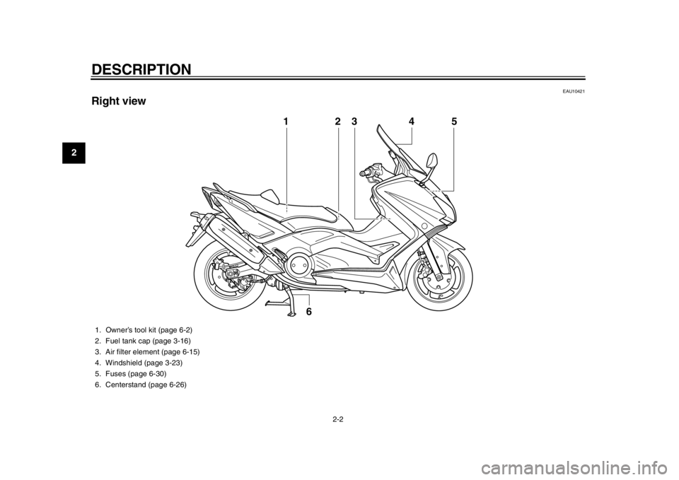 YAMAHA TMAX 2014 Owners Manual DESCRIPTION
2-2
12
3
4
5
6
7
8
9
EAU10421
Right view
3
6
1
54
2
1. Owner’s tool kit (page 6-2)
2. Fuel tank cap (page 3-16)
3. Air filter element (page 6-15)
4. Windshield (page 3-23)
5. Fuses (page YAMAHA TMAX 2014 Owners Manual DESCRIPTION
2-2
12
3
4
5
6
7
8
9
EAU10421
Right view
3
6
1
54
2
1. Owner’s tool kit (page 6-2)
2. Fuel tank cap (page 3-16)
3. Air filter element (page 6-15)
4. Windshield (page 3-23)
5. Fuses (page