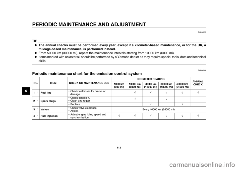 YAMAHA TMAX 2014 Owners Manual PERIODIC MAINTENANCE AND ADJUSTMENT
6-3
1
2
3
4
56
7
8
9
EAU46862
TIP
The annual checks must be performed every year, except if a kilometer-based maintenance, or for the UK, a
mileage-based mainten YAMAHA TMAX 2014 Owners Manual PERIODIC MAINTENANCE AND ADJUSTMENT
6-3
1
2
3
4
56
7
8
9
EAU46862
TIP
The annual checks must be performed every year, except if a kilometer-based maintenance, or for the UK, a
mileage-based mainten