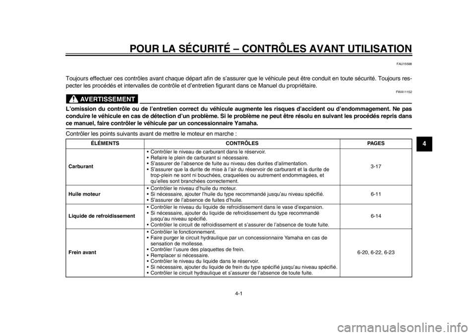 YAMAHA TMAX 2014 Notices Demploi (in French) 4-1
2
345
6
7
8
9
POUR LA SÉCURITÉ – CONTRÔLES AVANT UTILISATION
FAU15598
Toujours effectuer ces contrôles avant chaque départ afin de s’assurer que le véhicule peut être conduit en toute s YAMAHA TMAX 2014 Notices Demploi (in French) 4-1
2
345
6
7
8
9
POUR LA SÉCURITÉ – CONTRÔLES AVANT UTILISATION
FAU15598
Toujours effectuer ces contrôles avant chaque départ afin de s’assurer que le véhicule peut être conduit en toute s