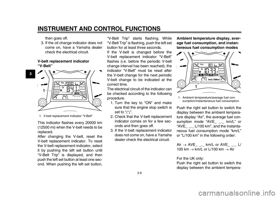 YAMAHA TMAX 2013 Owners Manual INSTRUMENT AND CONTROL FUNCTIONS
3-9
1
23
4
5
6
7
8
9then goes off.
3. If the oil change indicator does not come on, have a Yamaha dealer
check the electrical circuit.
V-belt replacement indicator
YAMAHA TMAX 2013 Owners Manual INSTRUMENT AND CONTROL FUNCTIONS
3-9
1
23
4
5
6
7
8
9then goes off.
3. If the oil change indicator does not come on, have a Yamaha dealer
check the electrical circuit.
V-belt replacement indicator