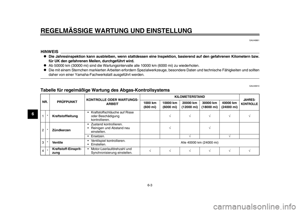YAMAHA TMAX 2013 Betriebsanleitungen (in German) REGELMÄSSIGE WARTUNG UND EINSTELLUNG
6-3
1
2
3
4
56
7
8
9
GAU46861
HINWEIS
Die Jahresinspektion kann ausbleiben, wenn stattdessen eine Inspektion, basierend auf den gefahrenen Kilometern bzw.
für YAMAHA TMAX 2013 Betriebsanleitungen (in German) REGELMÄSSIGE WARTUNG UND EINSTELLUNG
6-3
1
2
3
4
56
7
8
9
GAU46861
HINWEIS
Die Jahresinspektion kann ausbleiben, wenn stattdessen eine Inspektion, basierend auf den gefahrenen Kilometern bzw.
für