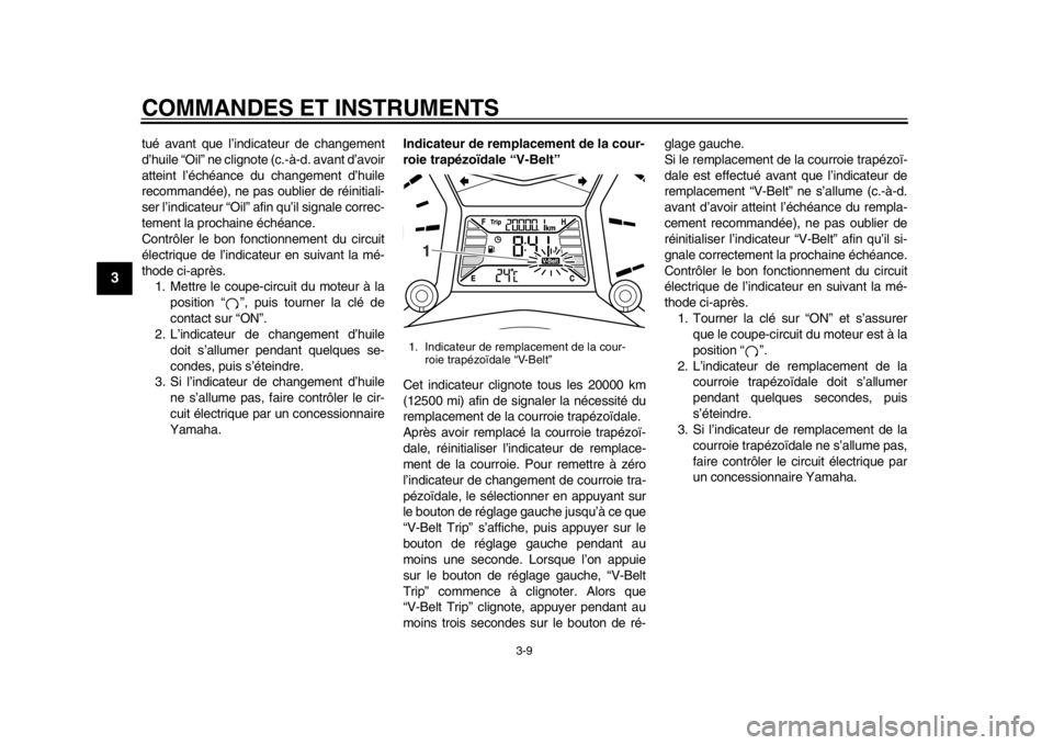 YAMAHA TMAX 2013  Notices Demploi (in French) COMMANDES ET INSTRUMENTS
3-9
1
23
4
5
6
7
8
9
tué avant que l’indicateur de changement
d’huile “Oil” ne clignote (c.-à-d. avant d’avoir
atteint l’échéance du changement d’huile
recom