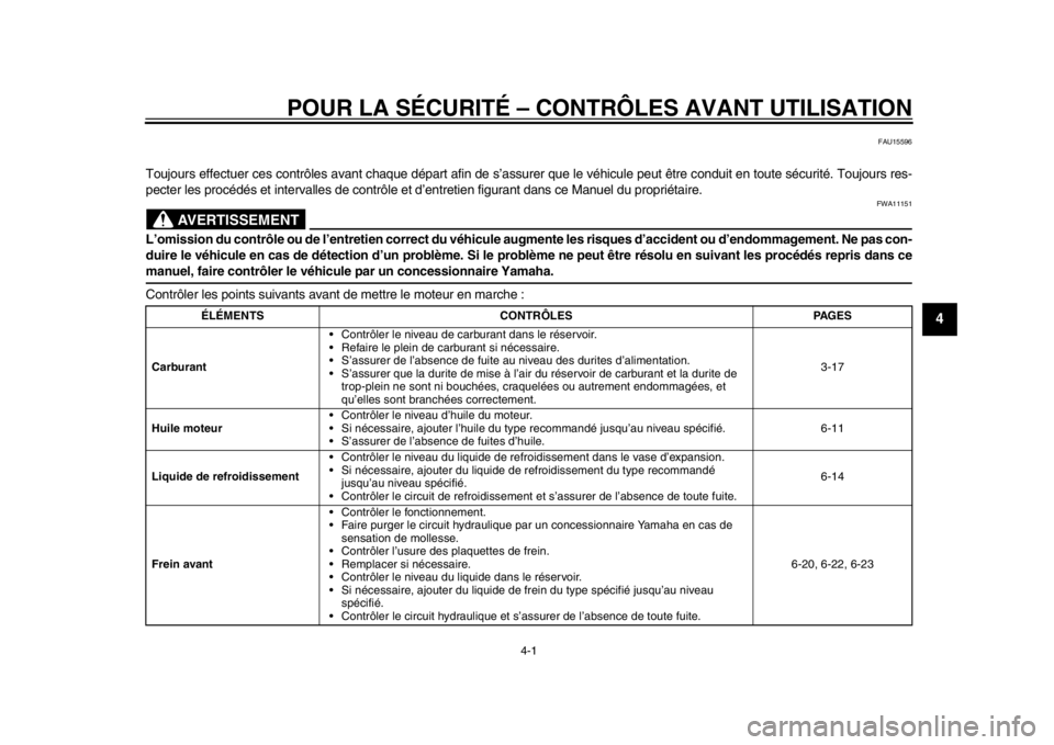 YAMAHA TMAX 2013 Notices Demploi (in French) 4-1
2
345
6
7
8
9
POUR LA SÉCURITÉ – CONTRÔLES AVANT UTILISATION
FAU15596
Toujours effectuer ces contrôles avant chaque départ afin de s’assurer que le véhicule peut être conduit en toute s YAMAHA TMAX 2013 Notices Demploi (in French) 4-1
2
345
6
7
8
9
POUR LA SÉCURITÉ – CONTRÔLES AVANT UTILISATION
FAU15596
Toujours effectuer ces contrôles avant chaque départ afin de s’assurer que le véhicule peut être conduit en toute s