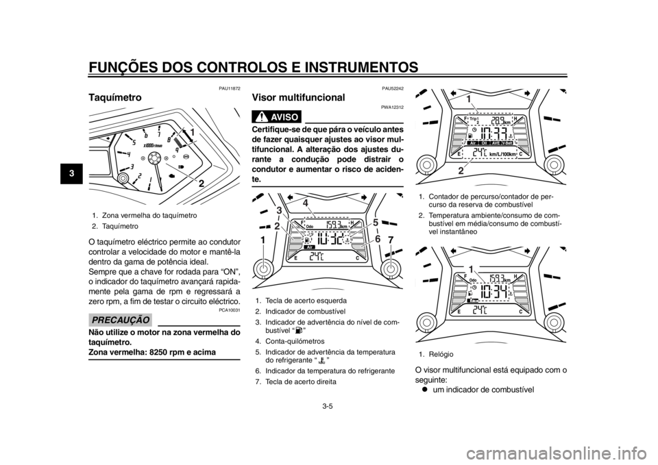 YAMAHA TMAX 2013  Manual de utilização (in Portuguese) FUNÇÕES DOS CONTROLOS E INSTRUMENTOS
3-5
1
23
4
5
6
7
8
9
PAU11872
Taquímetro O taquímetro eléctrico permite ao condutor
controlar a velocidade do motor e mantê-la
dentro da gama de potência id
