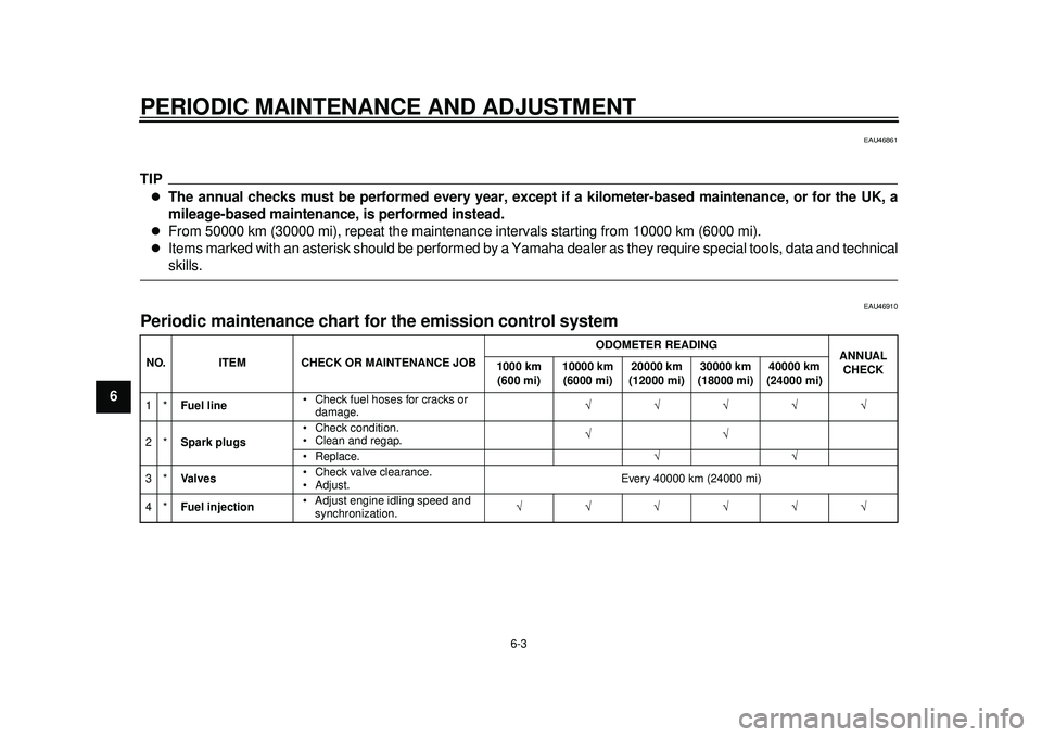 YAMAHA TMAX 2012 Service Manual PERIODIC MAINTENANCE AND ADJUSTMENT
6-3
1
2
3
4
56
7
8
9
EAU46861
TIP
The annual checks must be performed every year, except if a kilometer-based maintenance, or for the UK, a
mileage-based mainten YAMAHA TMAX 2012 Service Manual PERIODIC MAINTENANCE AND ADJUSTMENT
6-3
1
2
3
4
56
7
8
9
EAU46861
TIP
The annual checks must be performed every year, except if a kilometer-based maintenance, or for the UK, a
mileage-based mainten
