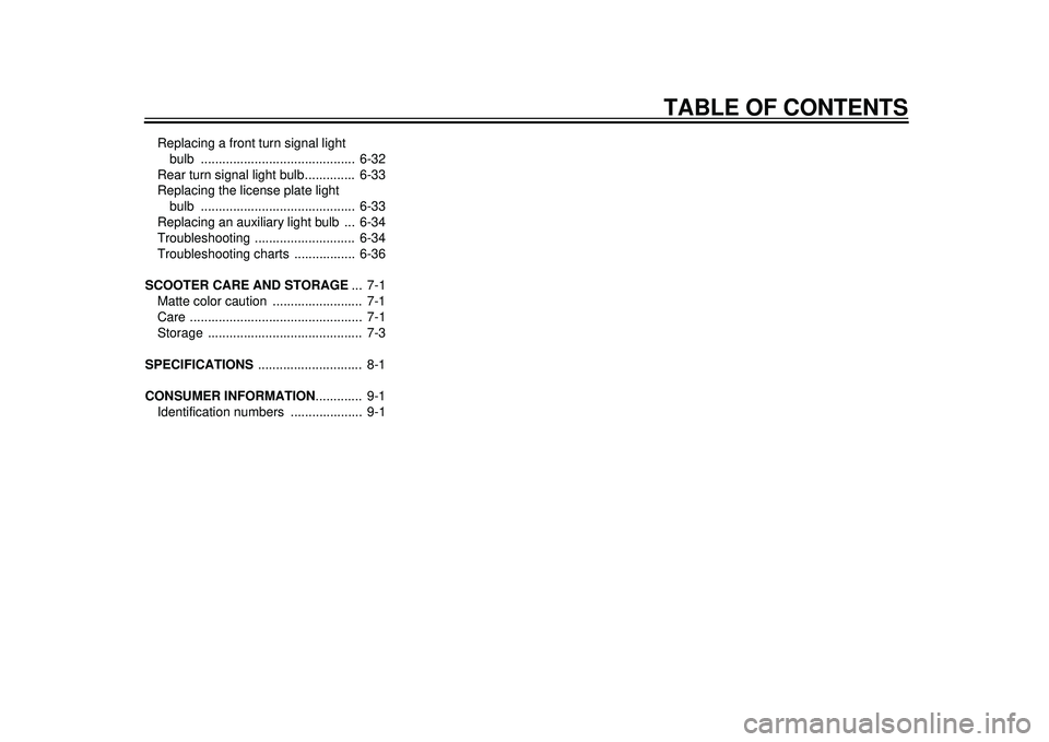 YAMAHA TMAX 2012  Owners Manual TABLE OF CONTENTS
Replacing a front turn signal light bulb ...........................................  6-32
Rear turn signal light bulb..............  6-33
Replacing the license plate light  bulb ...