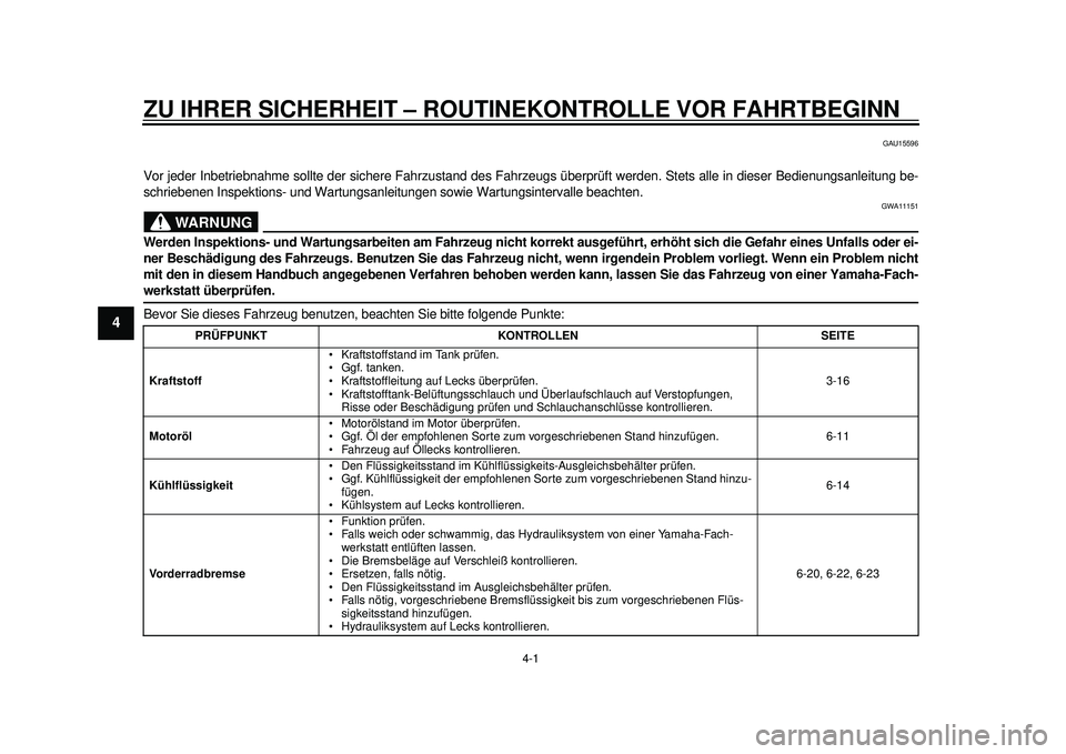 YAMAHA TMAX 2012 Betriebsanleitungen (in German) 4-1
1
2
34
5
6
7
8
9
ZU IHRER SICHERHEIT – ROUTINEKONTROLLE VOR FAHRTBEGINN
GAU15596
Vor jeder Inbetriebnahme sollte der sichere Fahrzustand des Fahrzeugs überprüft werden. Stets alle in dieser Be YAMAHA TMAX 2012 Betriebsanleitungen (in German) 4-1
1
2
34
5
6
7
8
9
ZU IHRER SICHERHEIT – ROUTINEKONTROLLE VOR FAHRTBEGINN
GAU15596
Vor jeder Inbetriebnahme sollte der sichere Fahrzustand des Fahrzeugs überprüft werden. Stets alle in dieser Be