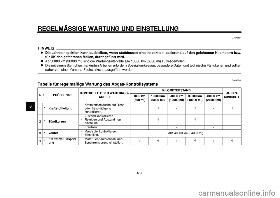 YAMAHA TMAX 2012 Betriebsanleitungen (in German) REGELMÄSSIGE WARTUNG UND EINSTELLUNG
6-3
1
2
3
4
56
7
8
9
GAU46861
HINWEIS
Die Jahresinspektion kann ausbleiben, wenn stattdessen eine Inspektion, basierend auf den gefahrenen Kilometern bzw.
für YAMAHA TMAX 2012 Betriebsanleitungen (in German) REGELMÄSSIGE WARTUNG UND EINSTELLUNG
6-3
1
2
3
4
56
7
8
9
GAU46861
HINWEIS
Die Jahresinspektion kann ausbleiben, wenn stattdessen eine Inspektion, basierend auf den gefahrenen Kilometern bzw.
für