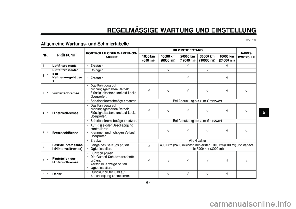 YAMAHA TMAX 2012  Betriebsanleitungen (in German) REGELMÄSSIGE WARTUNG UND EINSTELLUNG
6-4
2
3
4
567
8
9
GAU1770E
Allgemeine Wartungs- und Schmiertabelle NR. PRÜFPUNKTKONTROLLE ODER WARTUNGS-
ARBEIT KILOMETERSTAND
JAHRES-
KONTROLLE
1000 km  (600 mi