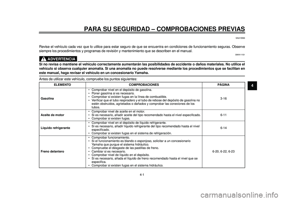 YAMAHA TMAX 2012 Manuale de Empleo (in Spanish) 4-1
2
345
6
7
8
9
PARA SU SEGURIDAD – COMPROBACIONES PREVIAS
SAU15596
Revise el vehículo cada vez que lo utilice para estar seguro de que se encuentra en condiciones de funcionamiento seguras. Obs YAMAHA TMAX 2012 Manuale de Empleo (in Spanish) 4-1
2
345
6
7
8
9
PARA SU SEGURIDAD – COMPROBACIONES PREVIAS
SAU15596
Revise el vehículo cada vez que lo utilice para estar seguro de que se encuentra en condiciones de funcionamiento seguras. Obs