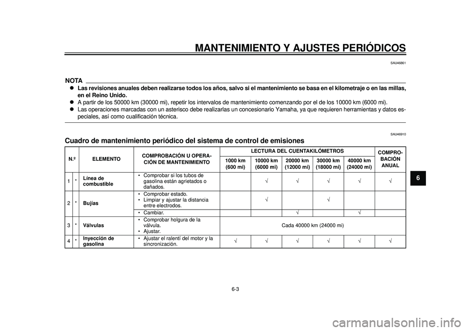 YAMAHA TMAX 2012 Manuale de Empleo (in Spanish) MANTENIMIENTO Y AJUSTES PERIÓDICOS
6-3
2
3
4
567
8
9
SAU46861
NOTA
Las revisiones anuales deben realizarse todos los años, salvo si el mantenimie nto se basa en el kilometraje o en las millas,
en YAMAHA TMAX 2012 Manuale de Empleo (in Spanish) MANTENIMIENTO Y AJUSTES PERIÓDICOS
6-3
2
3
4
567
8
9
SAU46861
NOTA
Las revisiones anuales deben realizarse todos los años, salvo si el mantenimie nto se basa en el kilometraje o en las millas,
en