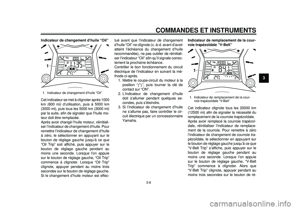 YAMAHA TMAX 2012  Notices Demploi (in French) COMMANDES ET INSTRUMENTS
3-8
234
5
6
7
8
9
Indicateur de changement d’huile “Oil”
Cet indicateur se met à clignoter après 1000
km (600 mi) d’utilisation, puis à 5000 km
(3000 mi), puis tous