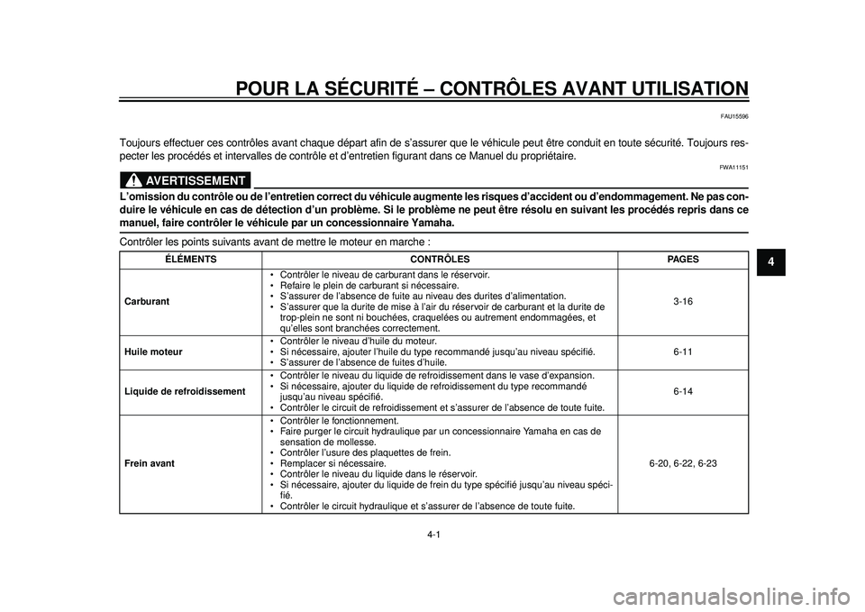 YAMAHA TMAX 2012 Notices Demploi (in French) 4-1
2
345
6
7
8
9
POUR LA SÉCURITÉ – CONTRÔLES AVANT UTILISATION
FAU15596
Toujours effectuer ces contrôles avant chaque départ afin de s’assurer que le véhicule peut être conduit en toute s YAMAHA TMAX 2012 Notices Demploi (in French) 4-1
2
345
6
7
8
9
POUR LA SÉCURITÉ – CONTRÔLES AVANT UTILISATION
FAU15596
Toujours effectuer ces contrôles avant chaque départ afin de s’assurer que le véhicule peut être conduit en toute s