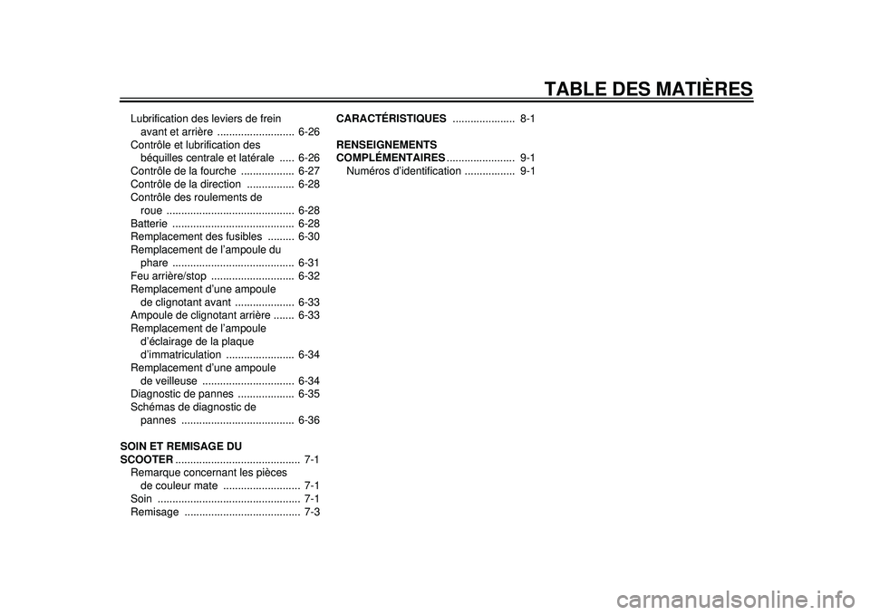 YAMAHA TMAX 2012  Notices Demploi (in French) TABLE DES MATIÈRES
Lubrification des leviers de frein avant et arrière  ..........................  6-26
Contrôle et lubrification des  béquilles centrale et latérale  .....  6-26
Contrôle de la