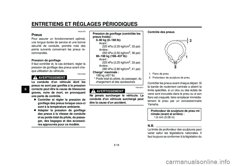 YAMAHA TMAX 2012  Notices Demploi (in French) ENTRETIENS ET RÉGLAGES PÉRIODIQUES
6-18
1
2
3
4
56
7
8
9
FAU51970
Pneus Pour assurer un fonctionnement optimal,
une longue durée de service et une bonne
sécurité de conduite, prendre note des
poi