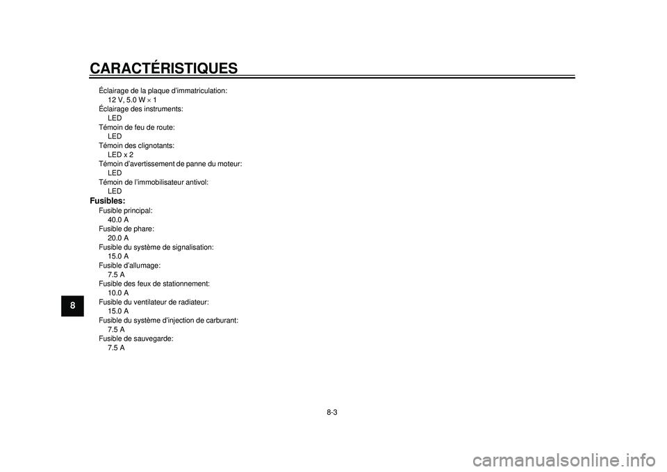 YAMAHA TMAX 2012 Notices Demploi (in French) CARACTÉRISTIQUES
8-3
1
2
3
4
5
6
78
9
Éclairage de la plaque d’immatriculation: 12 V, 5.0 W 1
Éclairage des instruments:
LED
Témoin de feu de route: LED
Témoin des clignotants: LED x 2
YAMAHA TMAX 2012 Notices Demploi (in French) CARACTÉRISTIQUES
8-3
1
2
3
4
5
6
78
9
Éclairage de la plaque d’immatriculation: 12 V, 5.0 W 1
Éclairage des instruments:
LED
Témoin de feu de route: LED
Témoin des clignotants: LED x 2