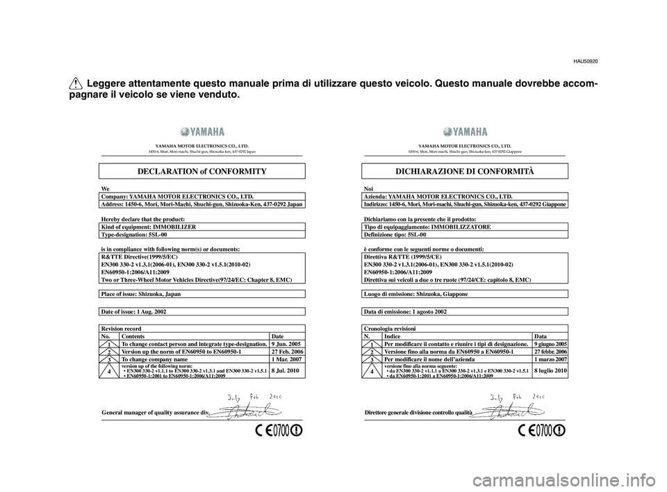 YAMAHA TMAX 2012 Manuale duso (in Italian) Q Leggere attentamente questo manuale prima di utilizzare questo veicolo. Questo manuale dovrebbe accom-
pagnare il veicolo se viene venduto.
HAU50920
General manager of quality assurance di v.
Date o YAMAHA TMAX 2012 Manuale duso (in Italian) Q Leggere attentamente questo manuale prima di utilizzare questo veicolo. Questo manuale dovrebbe accom-
pagnare il veicolo se viene venduto.
HAU50920
General manager of quality assurance di v.
Date o