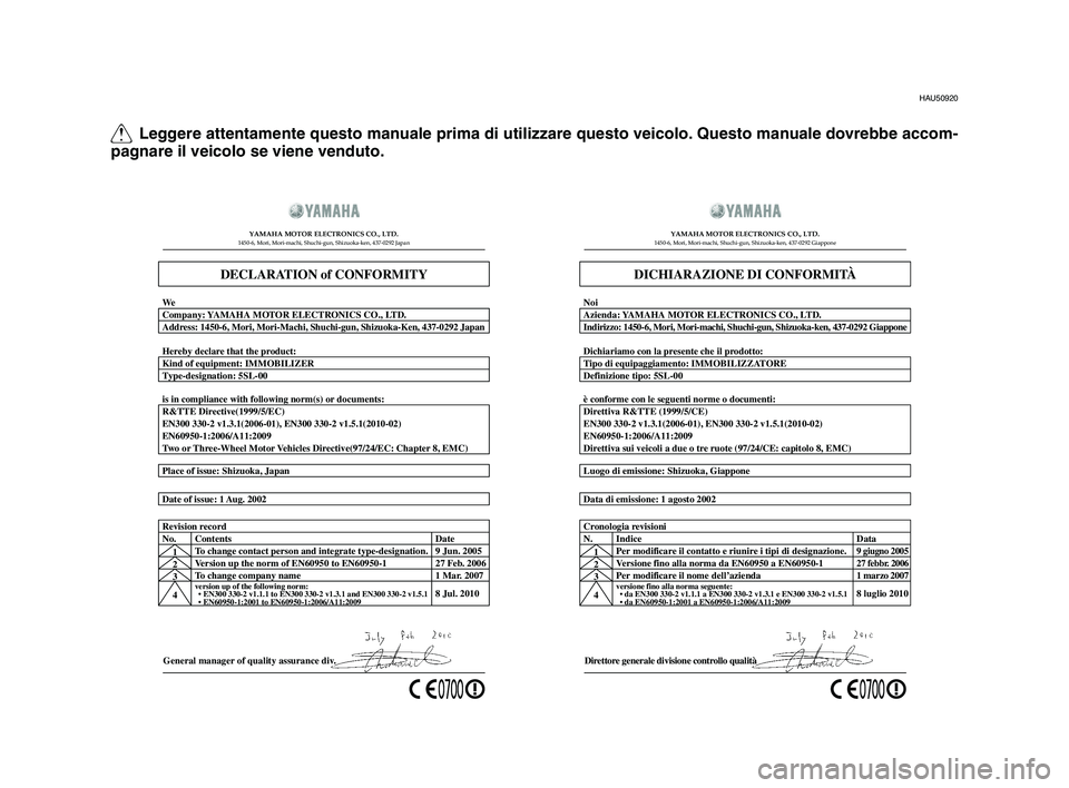 YAMAHA TMAX 2012  Manuale duso (in Italian) Q Leggere attentamente questo manuale prima di utilizzare questo veicolo. Questo manuale dovrebbe accom-
pagnare il veicolo se viene venduto.
HAU50920
General manager of quality assurance di v.
Date o