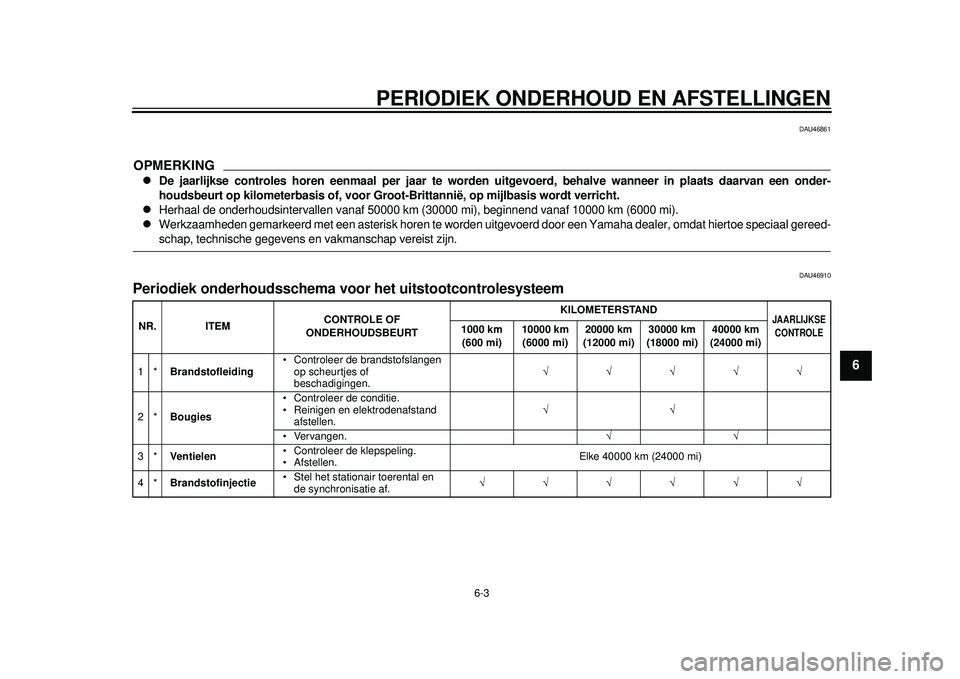YAMAHA TMAX 2012  Instructieboekje (in Dutch) PERIODIEK ONDERHOUD EN AFSTELLINGEN
6-3
2
3
4
567
8
9
DAU46861
OPMERKING
De jaarlijkse controles horen eenmaal per jaar te worden uitgevoerd, behalve wanneer in plaats daarvan een onder-
houdsbeurt