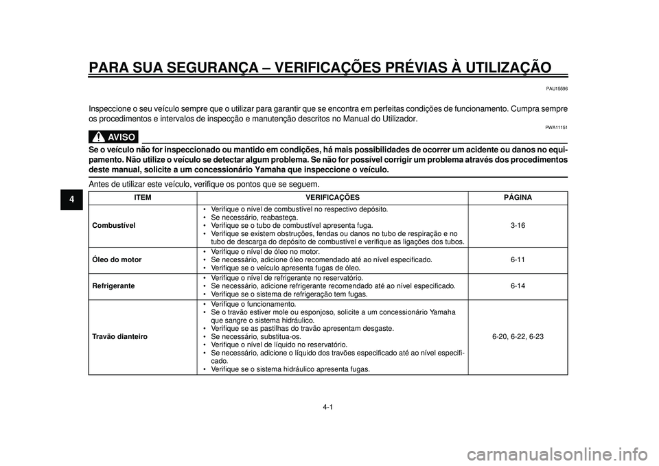 YAMAHA TMAX 2012 Manual de utilização (in Portuguese) 4-1
1
2
34
5
6
7
8
9
PARA SUA SEGURANÇA – VERIFICAÇÕES PRÉVIAS À UTILIZAÇÃO
PAU15596
Inspeccione o seu veículo sempre que o utilizar para garantir q ue se encontra em perfeitas condições d YAMAHA TMAX 2012 Manual de utilização (in Portuguese) 4-1
1
2
34
5
6
7
8
9
PARA SUA SEGURANÇA – VERIFICAÇÕES PRÉVIAS À UTILIZAÇÃO
PAU15596
Inspeccione o seu veículo sempre que o utilizar para garantir q ue se encontra em perfeitas condições d