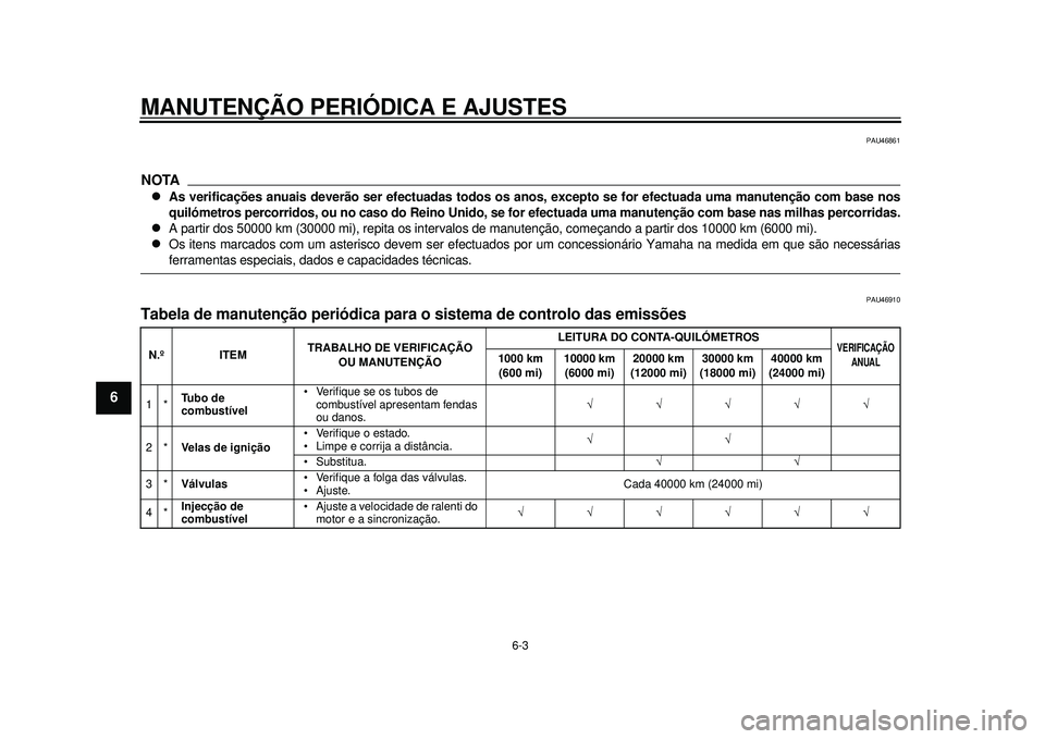 YAMAHA TMAX 2012 Manual de utilização (in Portuguese) MANUTENÇÃO PERIÓDICA E AJUSTES
6-3
1
2
3
4
56
7
8
9
PAU46861
NOTA
As verificações anuais deverão ser efectuadas todos os anos, excepto se for efectuada uma manutenção com base nos
quilómet YAMAHA TMAX 2012 Manual de utilização (in Portuguese) MANUTENÇÃO PERIÓDICA E AJUSTES
6-3
1
2
3
4
56
7
8
9
PAU46861
NOTA
As verificações anuais deverão ser efectuadas todos os anos, excepto se for efectuada uma manutenção com base nos
quilómet