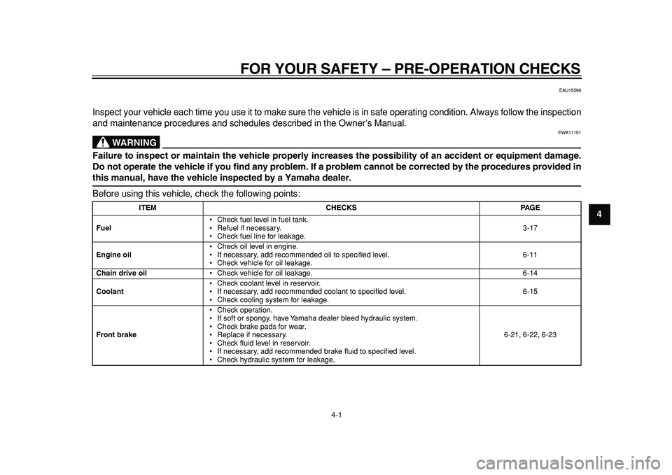 YAMAHA TMAX 2011  Owners Manual  
4-1 
2
3
45
6
7
8
9
 
FOR YOUR SAFETY – PRE-OPERATION CHECKS 
EAU15596 
Inspect your vehicle each time you use it to make sure the vehicle is in safe operating condition. Always follow the inspect