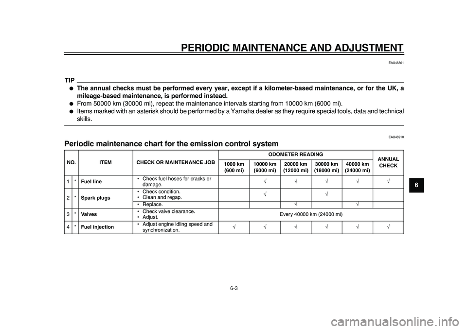 YAMAHA TMAX 2011  Owners Manual  
PERIODIC MAINTENANCE AND ADJUSTMENT 
6-3 
2
3
4
5
67
8
9
 
EAU46861
TIP
 
 
The annual checks must be performed every year, except if a kilometer-based maintenance, or for the UK, a
mileage-based m
