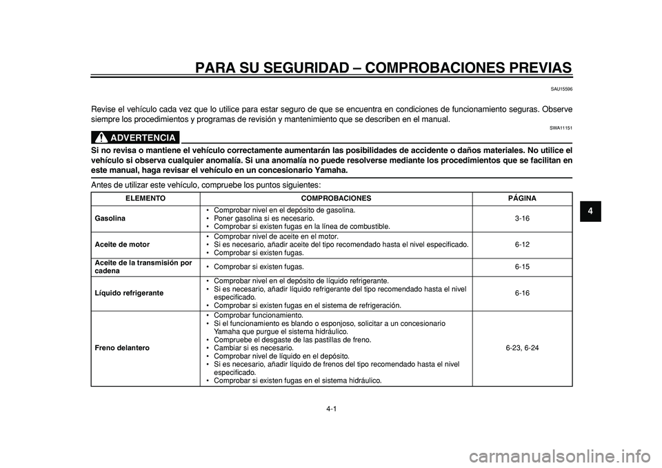 YAMAHA TMAX 2011  Manuale de Empleo (in Spanish)  
4-1 
2
3
45
6
7
8
9
 
PARA SU SEGURIDAD – COMPROBACIONES PREVIAS 
SAU15596 
Revise el vehículo cada vez que lo utilice para estar seguro de que se encuentra en condiciones de funcionamiento segur