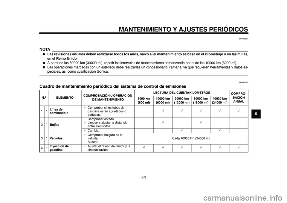 YAMAHA TMAX 2011  Manuale de Empleo (in Spanish)  
MANTENIMIENTO Y AJUSTES PERIÓDICOS 
6-3 
2
3
4
5
67
8
9
 
SAU46861
NOTA
 
 
Las revisiones anuales deben realizarse todos los años, salvo si el mantenimiento se basa en el kilometraje o en las mi