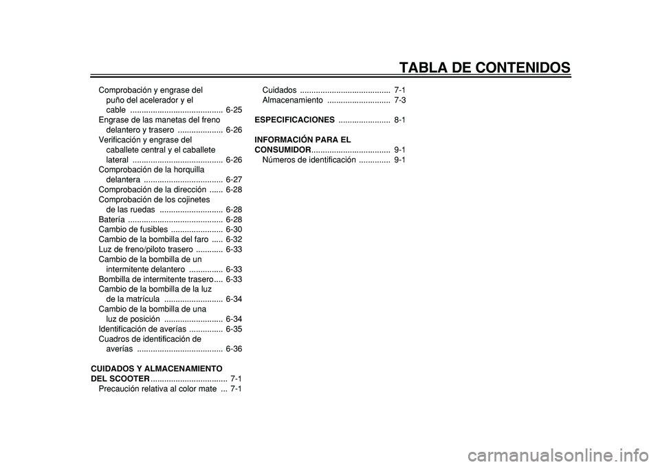 YAMAHA TMAX 2011  Manuale de Empleo (in Spanish)  
TABLA DE CONTENIDOS 
Comprobación y engrase del 
puño del acelerador y el 
cable .........................................  6-25
Engrase de las manetas del freno 
delantero y trasero  ............