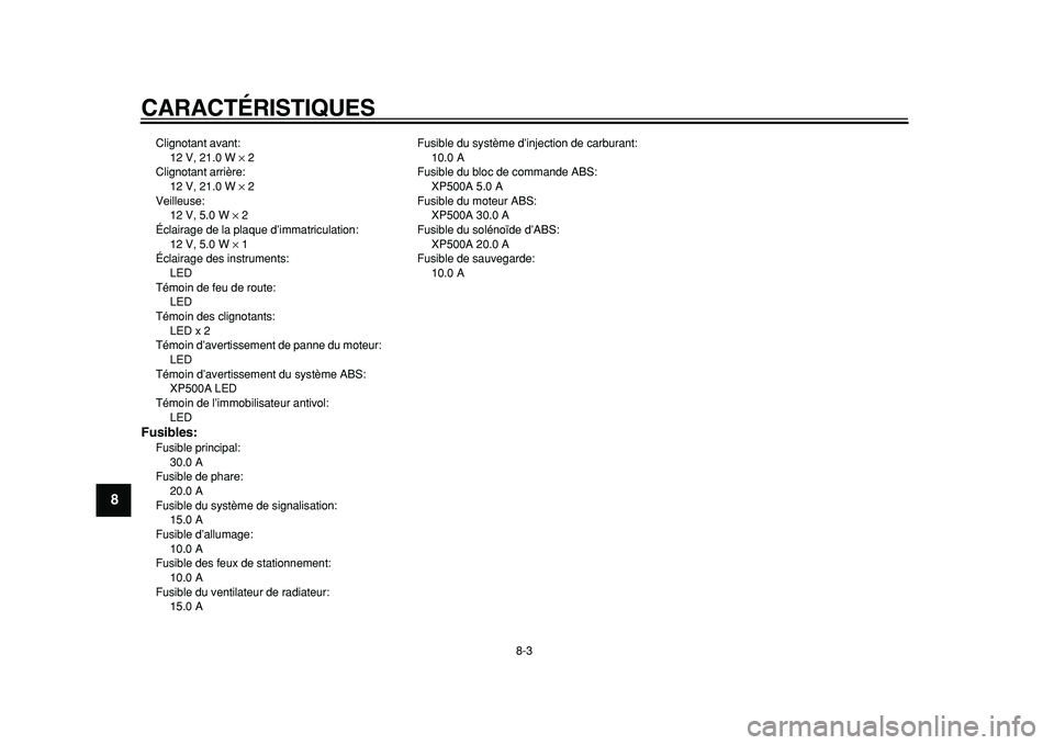 YAMAHA TMAX 2011  Notices Demploi (in French)  
CARACTÉRISTIQUES 
8-3 
1
2
3
4
5
6
7
8
9
 
Clignotant avant: 
12 V, 21.0 W  
× 
 2
Clignotant arrière: 
12 V, 21.0 W  
× 
 2
Veilleuse: 
12 V, 5.0 W  
× 
 2
Éclairage de la plaque d’immatric