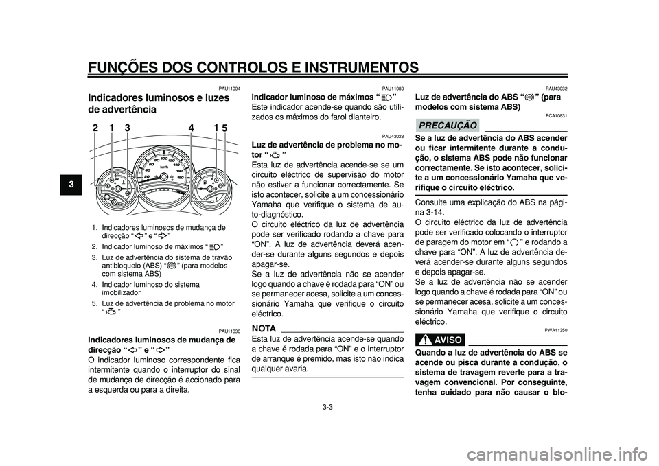 YAMAHA TMAX 2011  Manual de utilização (in Portuguese)  
FUNÇÕES DOS CONTROLOS E INSTRUMENTOS 
3-3 
1
2
3
4
5
6
7
8
9
 
PAU11004 
Indicadores luminosos e luzes 
de advertência  
PAU11030 
Indicadores luminosos de mudança de 
direcção “” e “”
