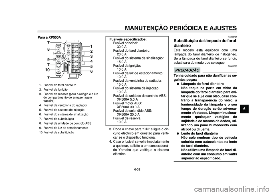 YAMAHA TMAX 2011 Manual de utilização (in Portuguese)
MANUTENÇÃO PERIÓDICA E AJUSTES
6-32
2
3
4
5
67
8
9
Para a XP500A
3. Rode a chave para “ON” e ligue o cir-
cuito eléctrico em questão para verifi-
car se o dispositivo funciona.
4. Caso YAMAHA TMAX 2011 Manual de utilização (in Portuguese)
MANUTENÇÃO PERIÓDICA E AJUSTES
6-32
2
3
4
5
67
8
9
Para a XP500A
3. Rode a chave para “ON” e ligue o cir-
cuito eléctrico em questão para verifi-
car se o dispositivo funciona.
4. Caso